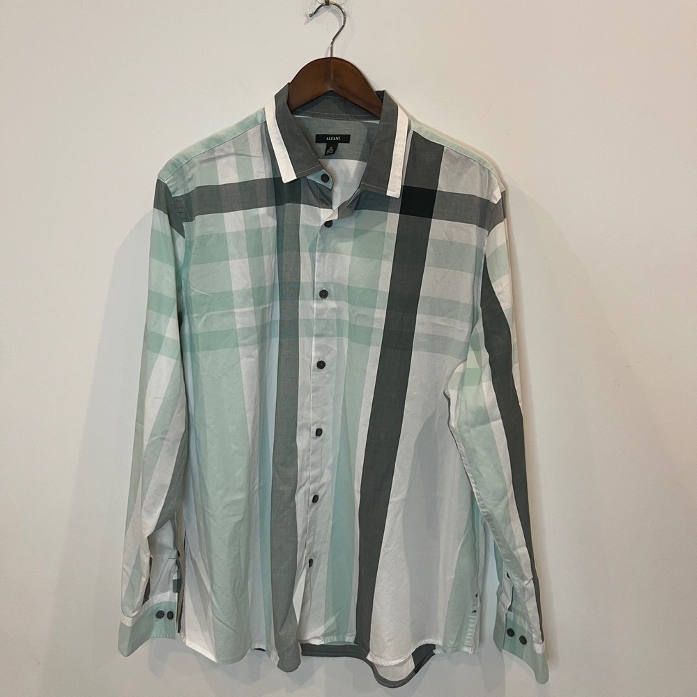 Alfani Mens XL Cotton Long Sleeve Button Down Shirt Mint Green Grey Plaid Stripe